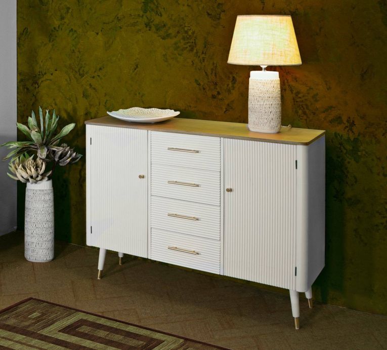 Credenza Clement, Buffet da soggiorno, Madia da salotto, Dispensa da cucina, 117x37 h90 cm, Bianco e Marrone