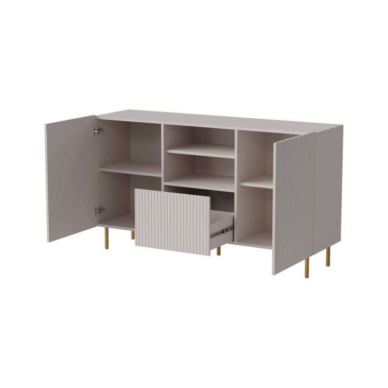 Credenza Coimbra, Madia da salotto con due ante battenti, un cassetto e due vani aperti, Design con effetto cannettato, 150x42 h82 cm, Beige