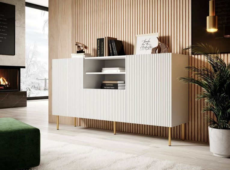 Credenza Coimbra, Madia da salotto con due ante battenti, un cassetto e due vani aperti, Design con effetto cannettato, 150x42 h82 cm, Bianco