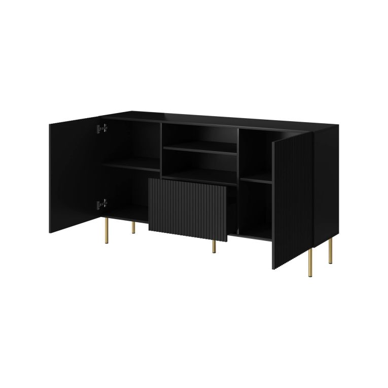 Credenza Coimbra, Madia da salotto con due ante battenti, un cassetto e due vani aperti, Design con effetto cannettato, 150x42 h82 cm, Nero