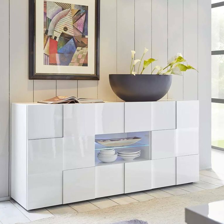 Credenza Comelico, Buffet da soggiorno, Madia da salotto, Dispensa da cucina, Made in Italy, 181x43 h84 cm, Bianco lucido