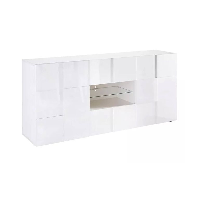 Credenza Comelico, Buffet da soggiorno, Madia da salotto, Dispensa da cucina, Made in Italy, 181x43 h84 cm, Bianco lucido