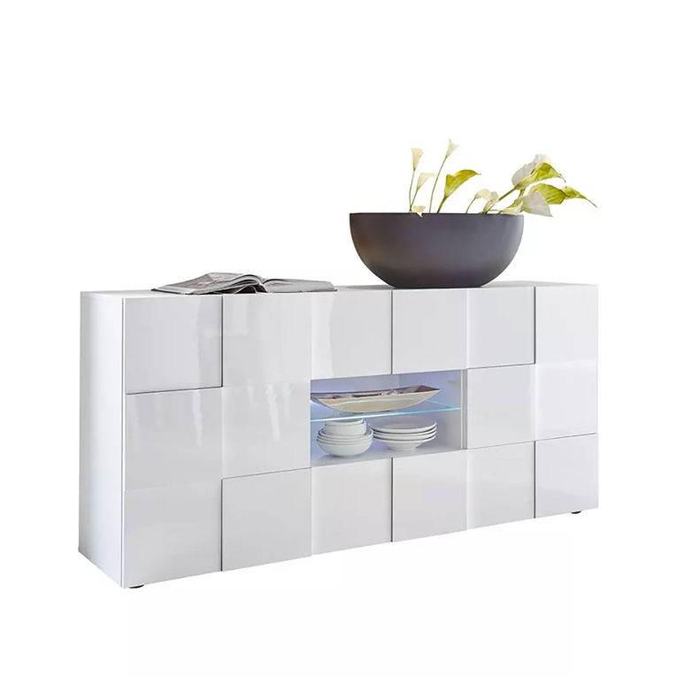 Credenza Comelico, Buffet da soggiorno, Madia da salotto, Dispensa da cucina, Made in Italy, 181x43 h84 cm, Bianco lucido