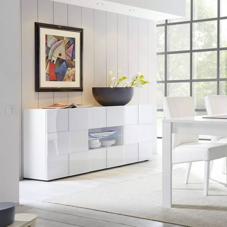 Credenza Comelico, Buffet da soggiorno, Madia da salotto, Dispensa da cucina, Made in Italy, 181x43 h84 cm, Bianco lucido