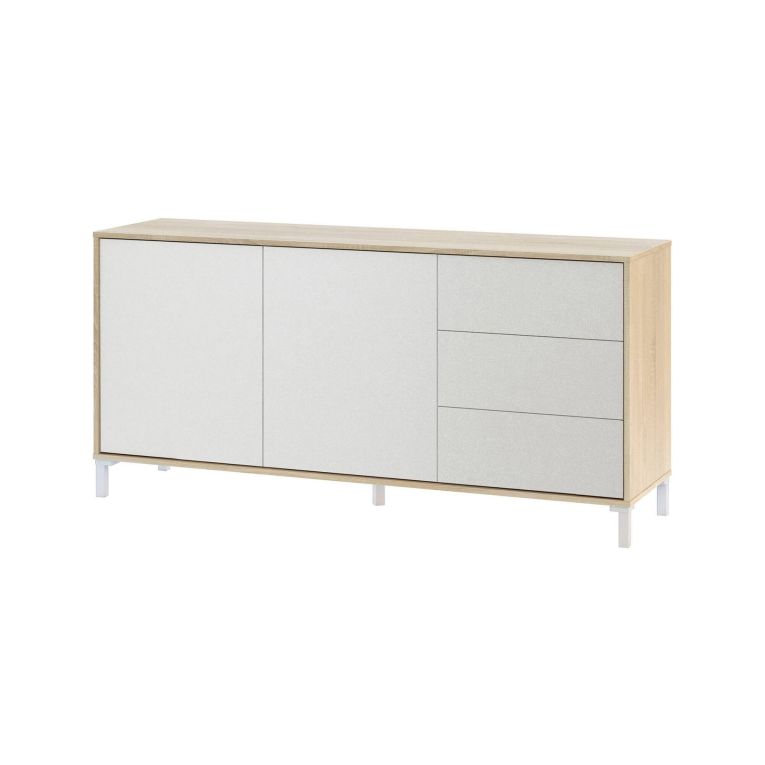 Credenza Concord, Madia moderna a 2 ante e 3 cassetti, Buffet da soggiorno, Mobile porta TV, Madia per salotto, 154x41h74 cm, Rovere e Bianco