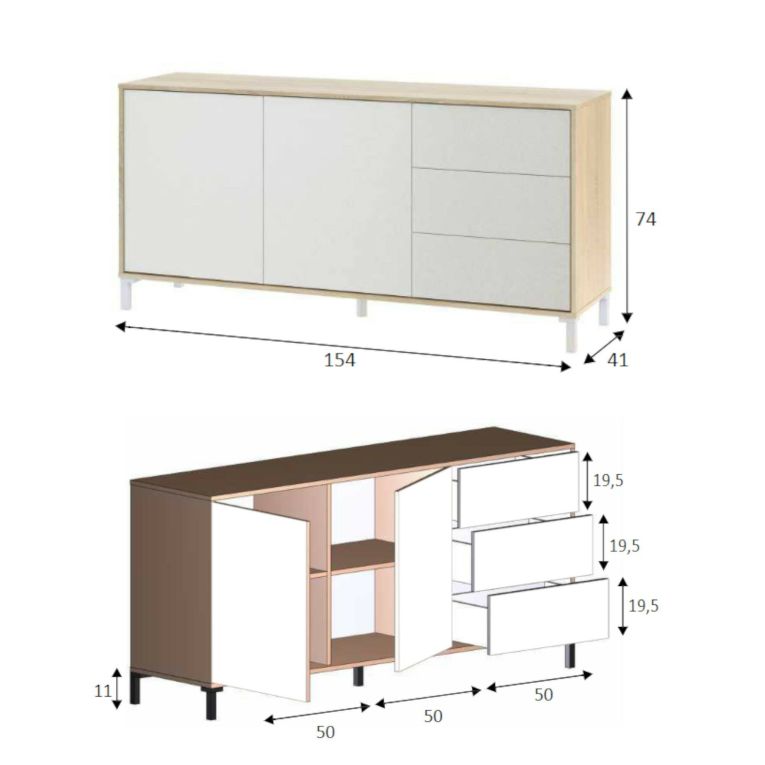 Credenza Concord, Madia moderna a 2 ante e 3 cassetti, Buffet da soggiorno, Mobile porta TV, Madia per salotto, 154x41h74 cm, Rovere e Bianco