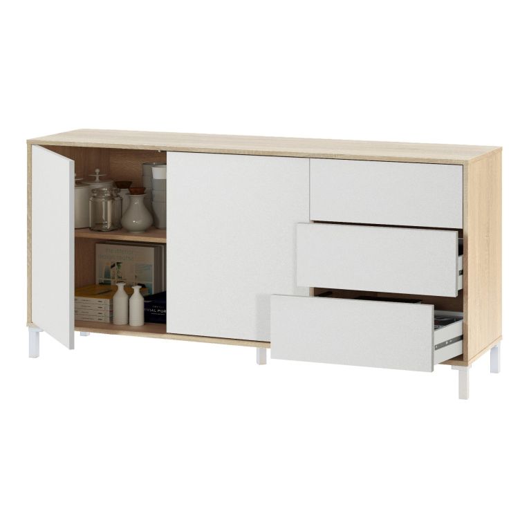 Credenza Concord, Madia moderna a 2 ante e 3 cassetti, Buffet da soggiorno, Mobile porta TV, Madia per salotto, 154x41h74 cm, Rovere e Bianco