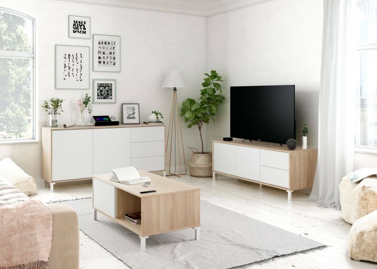 Credenza Concord, Madia moderna a 2 ante e 3 cassetti, Buffet da soggiorno, Mobile porta TV, Madia per salotto, 154x41h74 cm, Rovere e Bianco