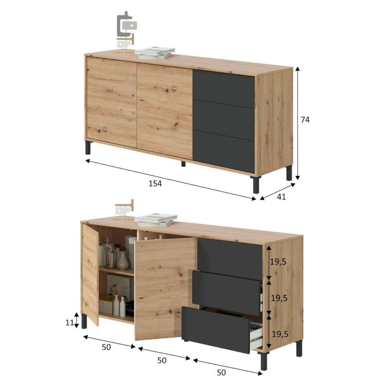 Credenza Concord, Madia moderna a 2 ante e 3 cassetti, Buffet da soggiorno, Mobile porta TV, Madia per salotto, 154x41h74 cm, Rovere nodi e Antracite