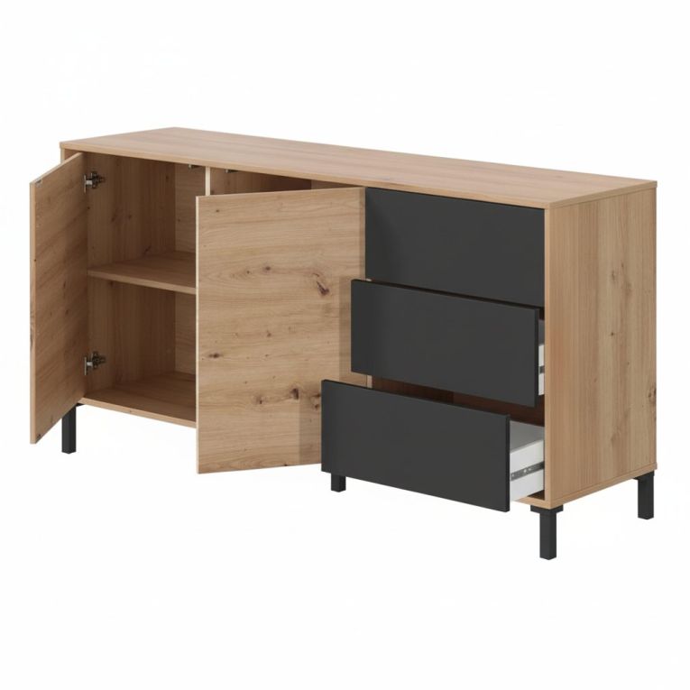 Credenza Concord, Madia moderna a 2 ante e 3 cassetti, Buffet da soggiorno, Mobile porta TV, Madia per salotto, 154x41h74 cm, Rovere nodi e Antracite