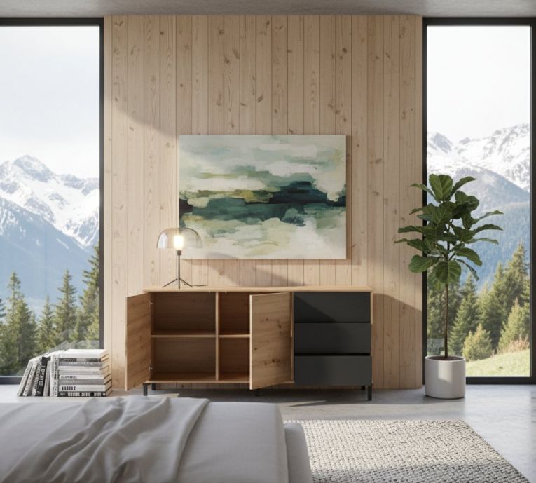 Credenza Concord, Madia moderna a 2 ante e 3 cassetti, Buffet da soggiorno, Mobile porta TV, Madia per salotto, 154x41h74 cm, Rovere nodi e Antracite