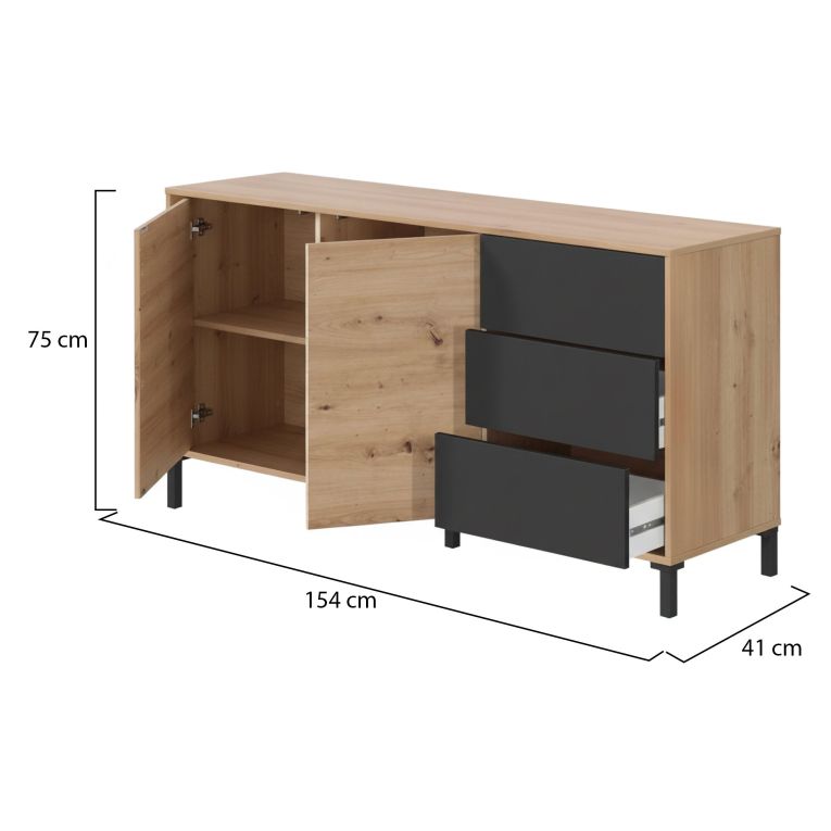 Credenza Concord, Madia moderna a 2 ante e 3 cassetti, Buffet da soggiorno, Mobile porta TV, Madia per salotto, 154x41h74 cm, Rovere nodi e Antracite