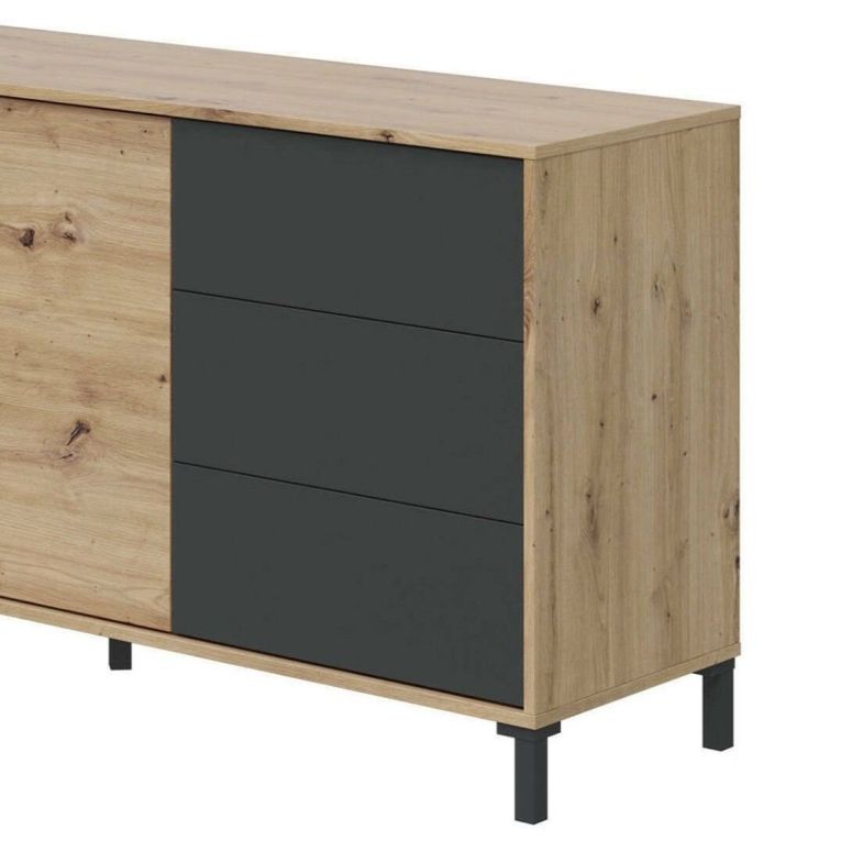 Credenza Concord, Madia moderna a 2 ante e 3 cassetti, Buffet da soggiorno, Mobile porta TV, Madia per salotto, 154x41h74 cm, Rovere nodi e Antracite