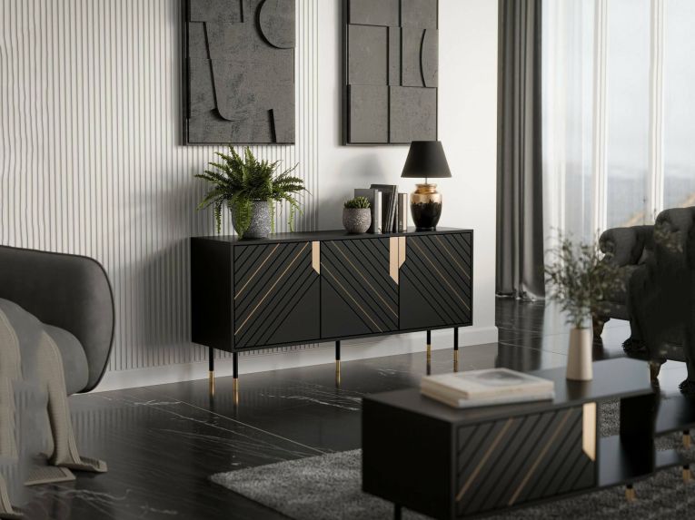 Credenza Cossogno, 154x40 h72 cm, Nero e Oro