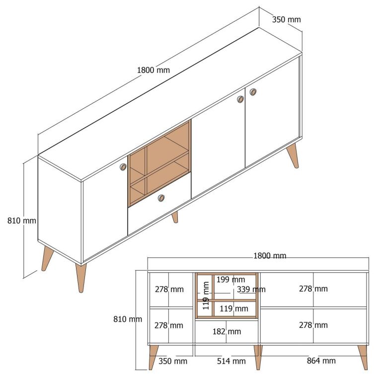 Credenza crema 180x35x81h cm 3 ante e 1 cassetto - Lucertola