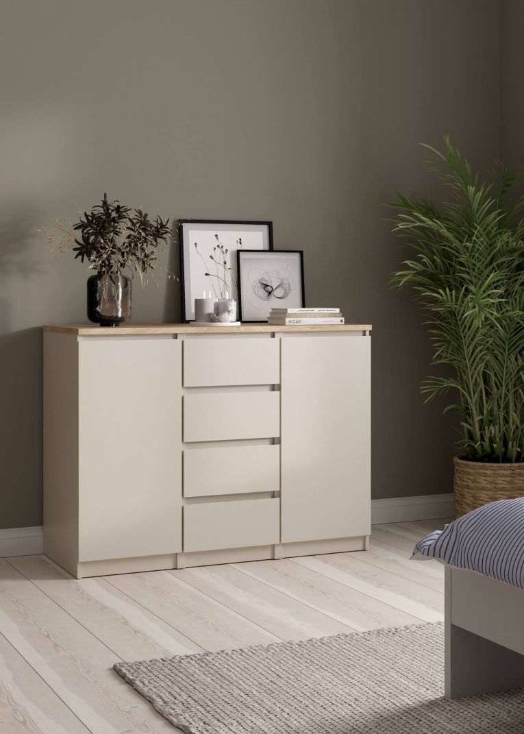 Credenza Crodo, buffet da soggiorno con 2 ante e 4 cassetti, madia da salotto e dispensa da cucina, 121x50 h91 cm, Beige