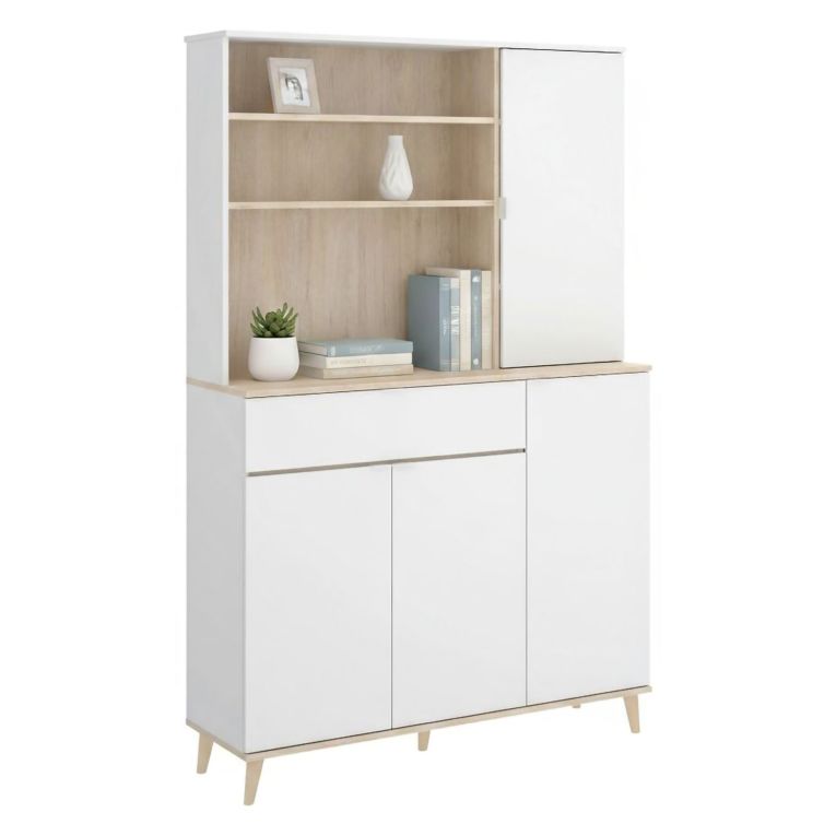 Credenza cucina bianca e rovere 120x40x191h cm 4 ante e 1 cassetto - Aeris