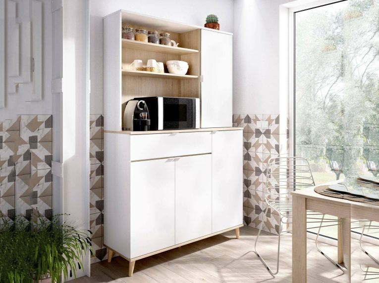 Credenza cucina bianca e rovere 120x40x191h cm 4 ante e 1 cassetto - Aeris