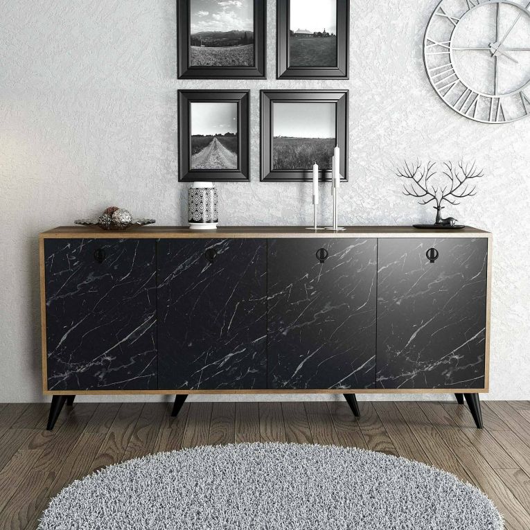 Credenza Dagon, Buffet da soggiorno, Madia da salotto, Dispensa da cucina, 180x45 h80 cm, Noce e Grigio