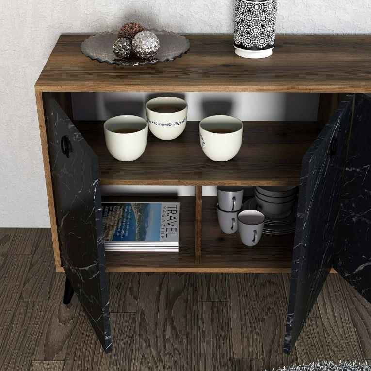 Credenza Dagon, Buffet da soggiorno, Madia da salotto, Dispensa da cucina, 180x45 h80 cm, Noce e Grigio