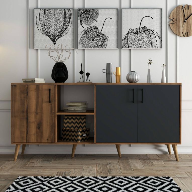 Credenza Daphnis, Buffet da soggiorno, Madia da salotto, Dispensa da cucina, 180x45 h80 cm, Noce e Antracite