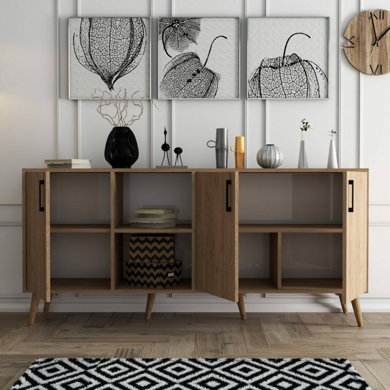 Credenza Daphnis, Buffet da soggiorno, Madia da salotto, Dispensa da cucina, 180x45 h80 cm, Quercia