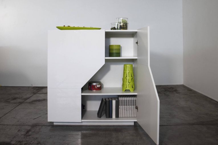 Credenza Domenico, Madia da cucina a 2 ante geometriche, Buffet da soggiorno, Madia da cucina, 100% Made in Italy, cm 79x43h86, Bianco lucido