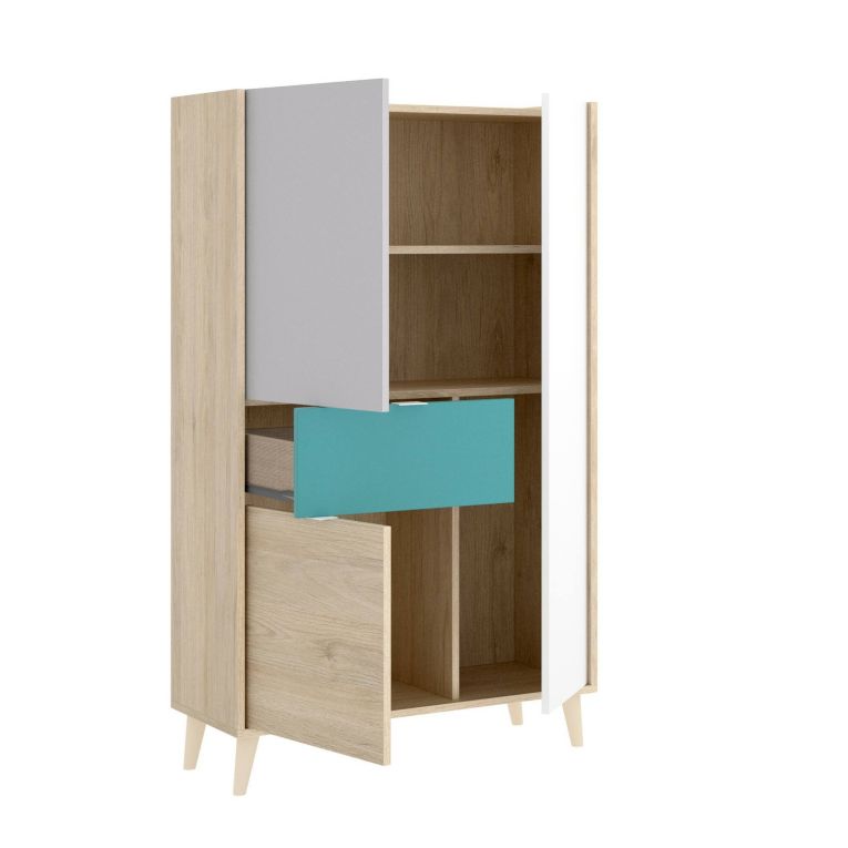 Credenza Duan, Buffet dispensa da soggiorno, Madia moderna da salotto a 3 ante, 81x43h137 cm, Bianco e Rovere