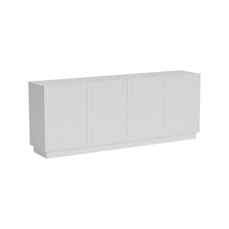Credenza Elvas, Madia da salotto con quattro ante battenti, Design con effetto cannettato, 150x40 h78 cm, Bianco