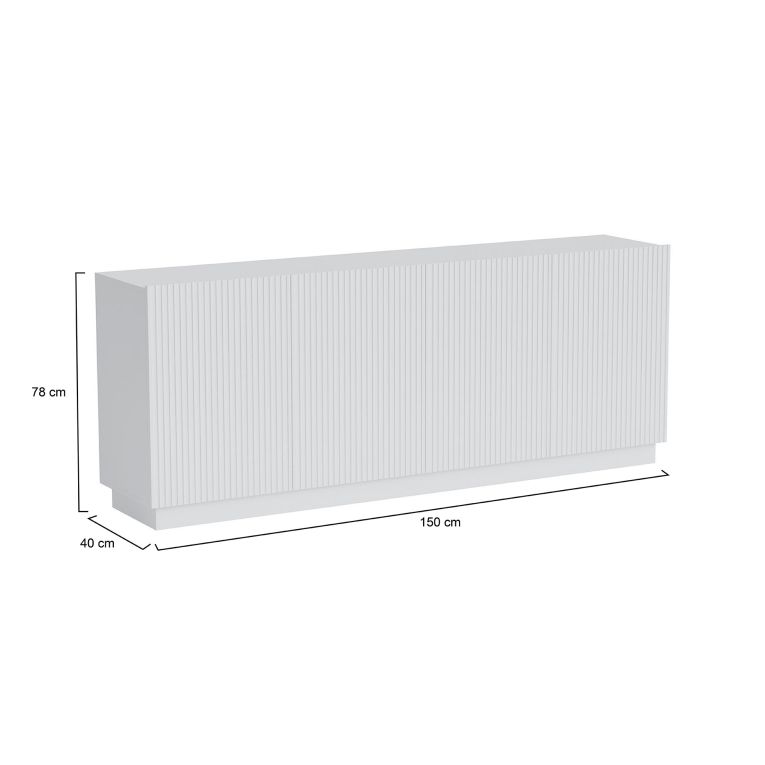 Credenza Elvas, Madia da salotto con quattro ante battenti, Design con effetto cannettato, 150x40 h78 cm, Bianco