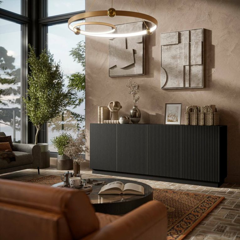 Credenza Elvas, Madia da salotto con quattro ante battenti, Design con effetto cannettato, 150x40 h78 cm, Nero