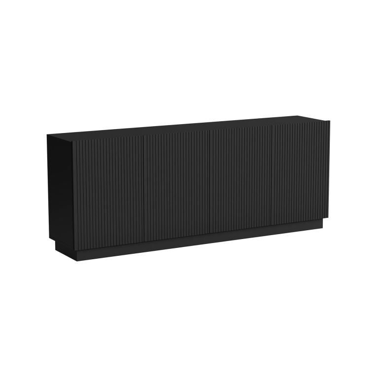 Credenza Elvas, Madia da salotto con quattro ante battenti, Design con effetto cannettato, 150x40 h78 cm, Nero