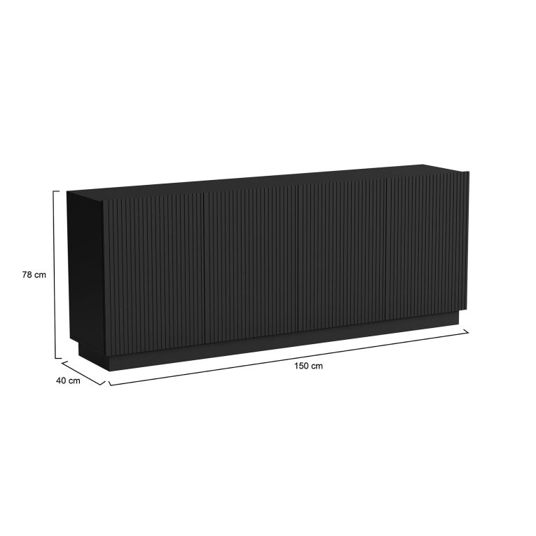 Credenza Elvas, Madia da salotto con quattro ante battenti, Design con effetto cannettato, 150x40 h78 cm, Nero
