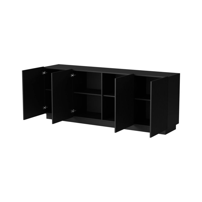 Credenza Elvas, Madia da salotto con quattro ante battenti, Design con effetto cannettato, 150x40 h78 cm, Nero