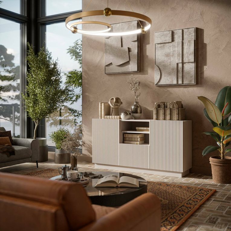 Credenza Ermesinde, Madia da salotto con due ante battenti, un cassetto e due vani aperti, Design con effetto cannettato, 150x40 h78 cm, Beige