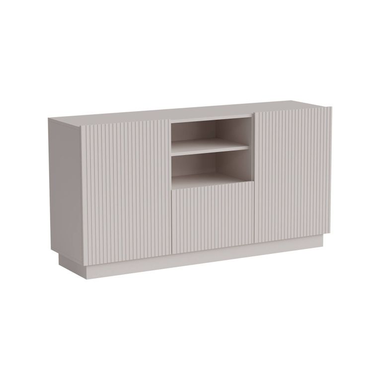 Credenza Ermesinde, Madia da salotto con due ante battenti, un cassetto e due vani aperti, Design con effetto cannettato, 150x40 h78 cm, Beige