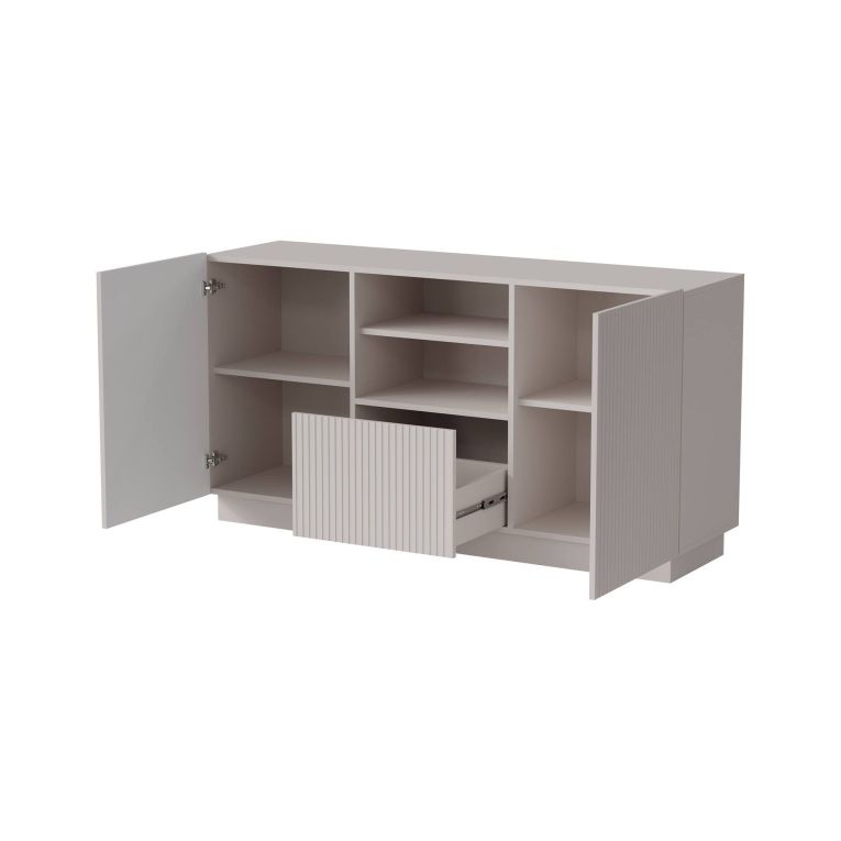 Credenza Ermesinde, Madia da salotto con due ante battenti, un cassetto e due vani aperti, Design con effetto cannettato, 150x40 h78 cm, Beige