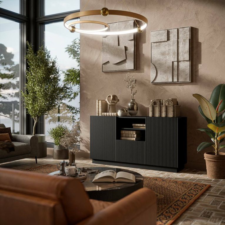 Credenza Ermesinde, Madia da salotto con due ante battenti, un cassetto e due vani aperti, Design con effetto cannettato, 150x40 h78 cm, Nero
