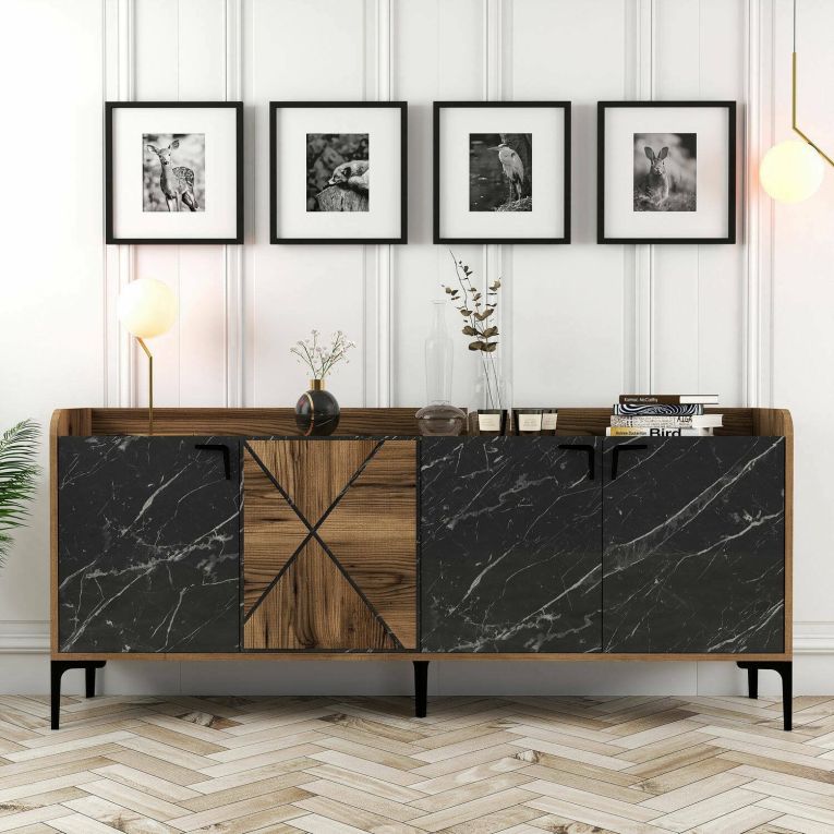 Credenza Erythros, Buffet da soggiorno, Madia da salotto, Dispensa da cucina, 180x35 h79 cm, Noce e Nero