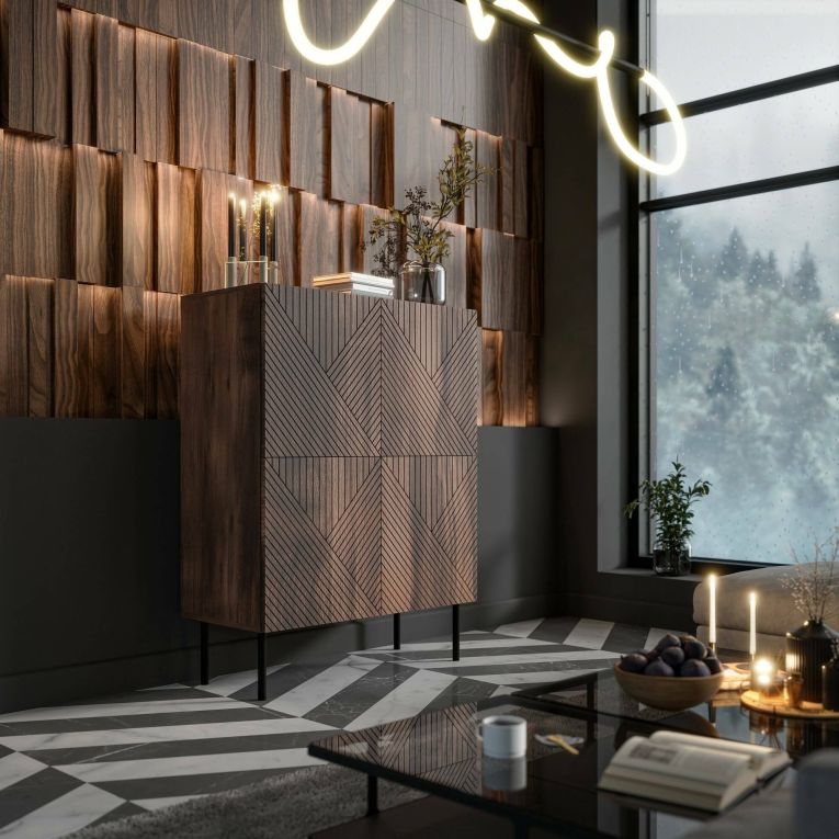 Credenza Esmoriz, Madia da salotto con due ante battenti, Rialzato da terra, 118x40 h89 cm, Noce