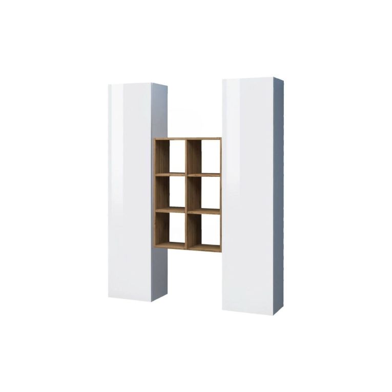 Credenza Franco, Set da soggiorno a 2 ante e ripiani, Buffet da soggiorno, Madia da cucina, 100% Made in Italy, cm 140x30h180, Bianco lucido e Acero