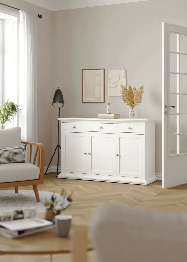 Credenza Frederique, Buffet da soggiorno, Madia da salotto, Dispensa da cucina, 144x46 h92 cm, Bianco