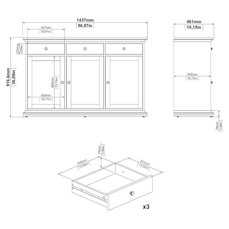 Credenza Frederique, Buffet da soggiorno, Madia da salotto, Dispensa da cucina, 144x46 h92 cm, Bianco