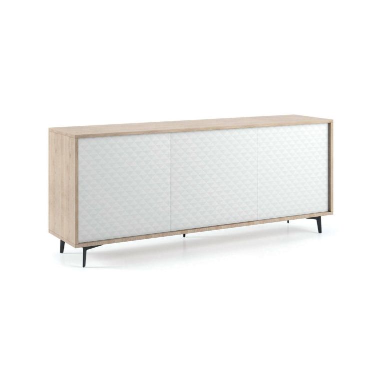 Credenza Fresia, Mobile buffet a 3 ante e 1 ripiano regolabile, Madia elegante da soggiorno, Mobile porta TV, 100% Made in Italy, 184x45h77 cm, Bianco e Rovere