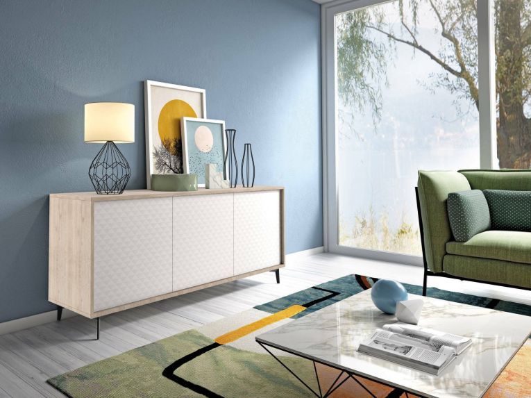 Credenza Fresia, Mobile buffet a 3 ante e 1 ripiano regolabile, Madia elegante da soggiorno, Mobile porta TV, 100% Made in Italy, 184x45h77 cm, Bianco e Rovere