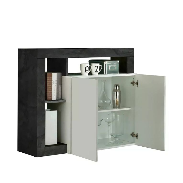 Credenza Ganna, Buffet da soggiorno, Madia da salotto, Dispensa da cucina, Made in Italy, 108x42 h93 cm, Bianco lucido e Ardesia