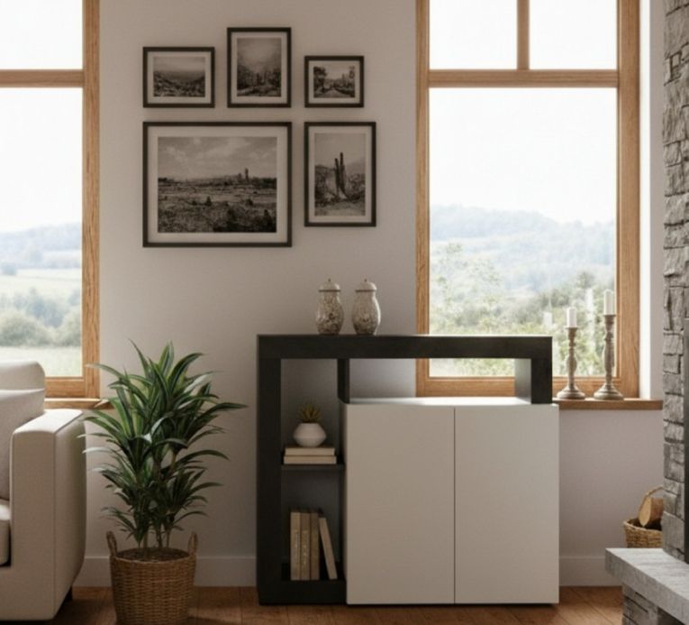 Credenza Ganna, Buffet da soggiorno, Madia da salotto, Dispensa da cucina, Made in Italy, 108x42 h93 cm, Bianco lucido e Ardesia