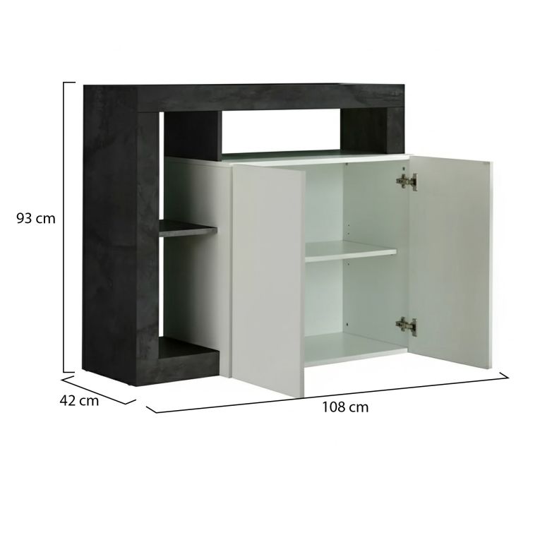 Credenza Ganna, Buffet da soggiorno, Madia da salotto, Dispensa da cucina, Made in Italy, 108x42 h93 cm, Bianco lucido e Ardesia