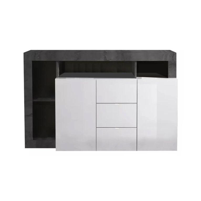 Credenza Ganna, Buffet da soggiorno, Madia da salotto, Dispensa da cucina, Made in Italy, 146x42 h93 cm, Bianco lucido e Ardesia