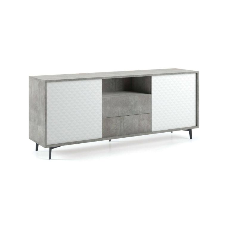 Credenza Garofano, Mobile buffet a 2 ante e 2 cassetti, Madia elegante da soggiorno, Mobile porta TV, 100% Made in Italy, 184x45h77 cm, Bianco e Cemento